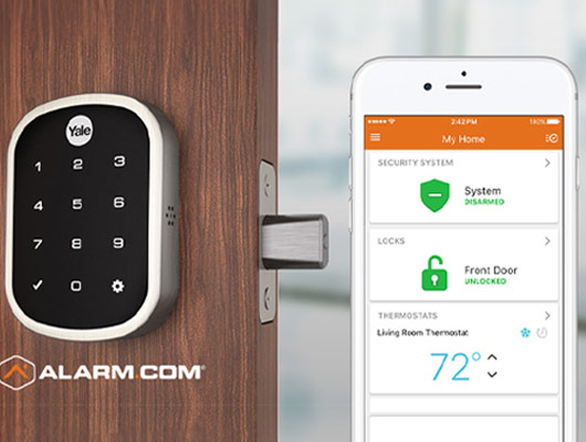 Smart lock keypad and smartphone app displaying lock status