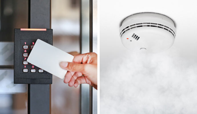 collage of card access control system and smoke detector