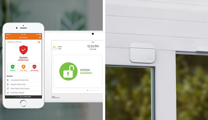 collage of smart interactive panel and glass break detector