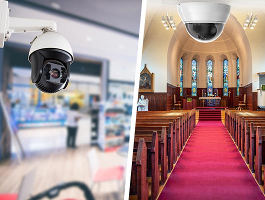 Collage of installed cctv camera in retail-store and churches