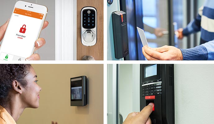 Collage of smart lock keycard reader retina scanner and biometric reader