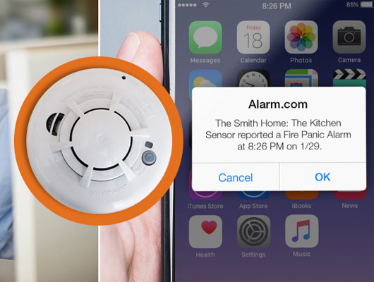 Smoke detector and smartphone with fire panic alarm notification.