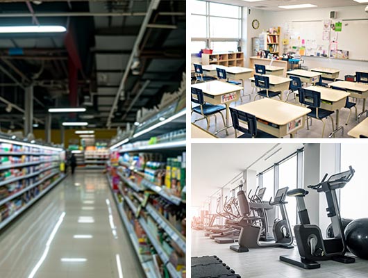 Collage of school retail-stores and fitness-facilities