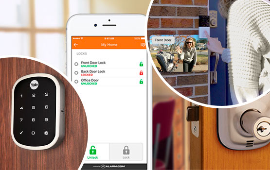 collage of smart locks and smart doorbell