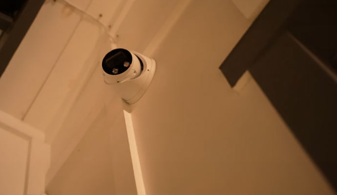 A dome camera installed outside of the house