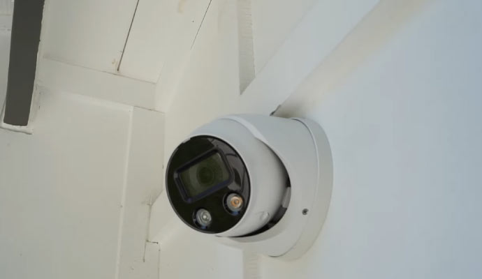 A security camera mounted on wall